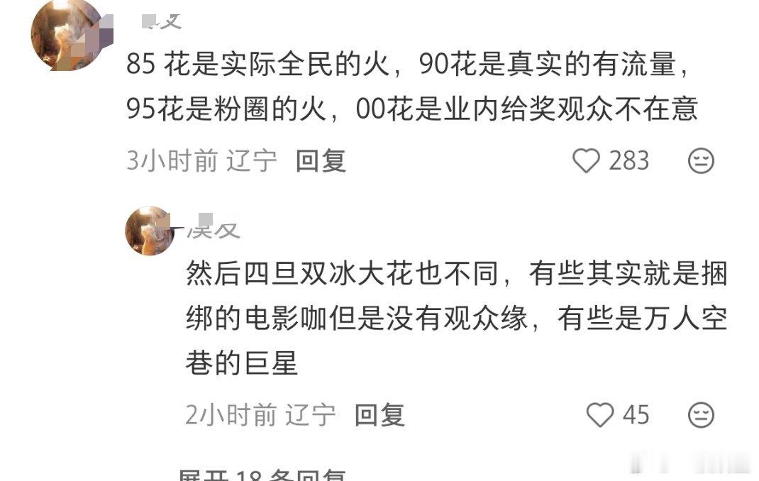 85花是实际全民的火，90花是真实的有流量，95花是粉圈的火，00花是业内给奖