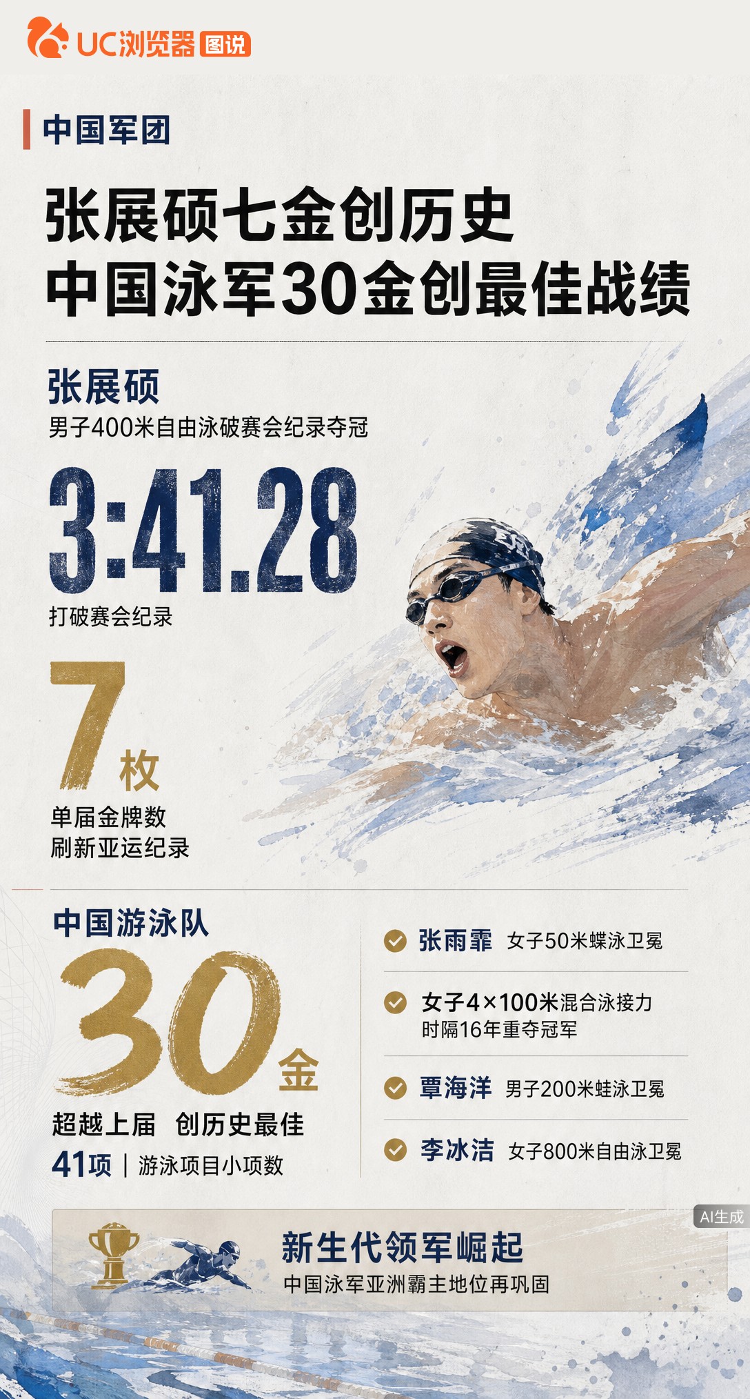 名古屋亚运游泳收官，中国队揽30金创历史最佳！张展硕400自破纪录夺第7金，刷新单届金牌数纪录。张雨