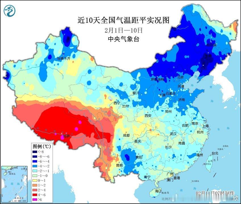 【上旬冷中旬暖】今年2月上旬因为寒潮影响，我国平均气温较常年同期偏低0.95℃