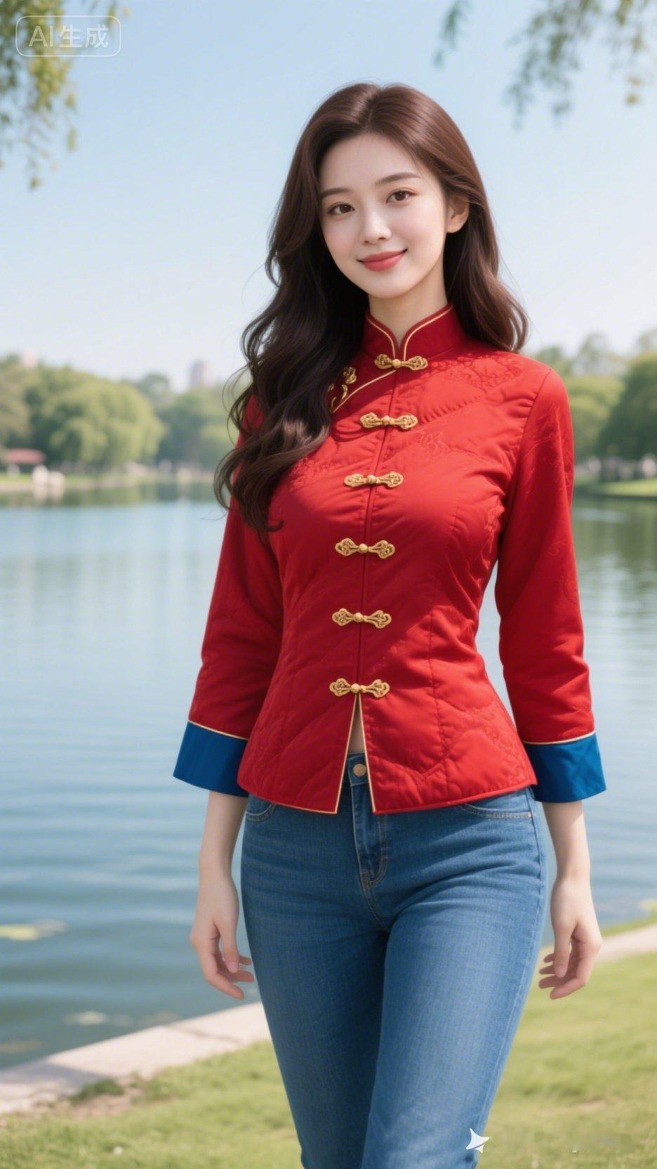 红衣少女漫步湖畔，尽显东方古典美