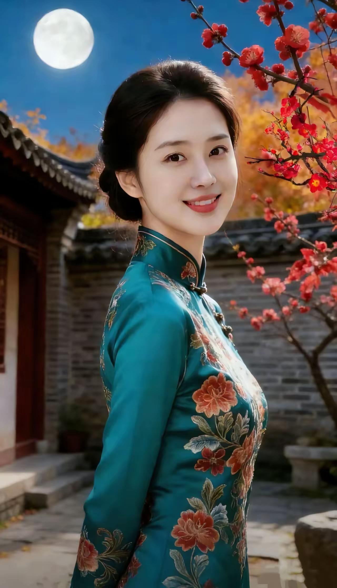 月色下的古典美人，红梅点缀，韵味十足。