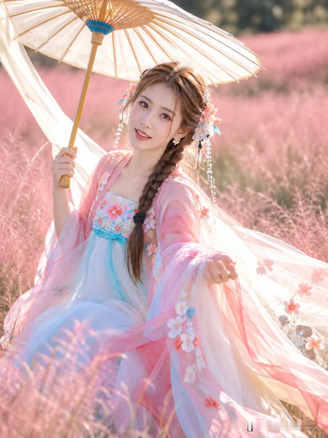 粉色花海里的汉服少女，撑伞回眸太甜啦！仿佛误入梦境的精灵，每一眼都让人心动不已。