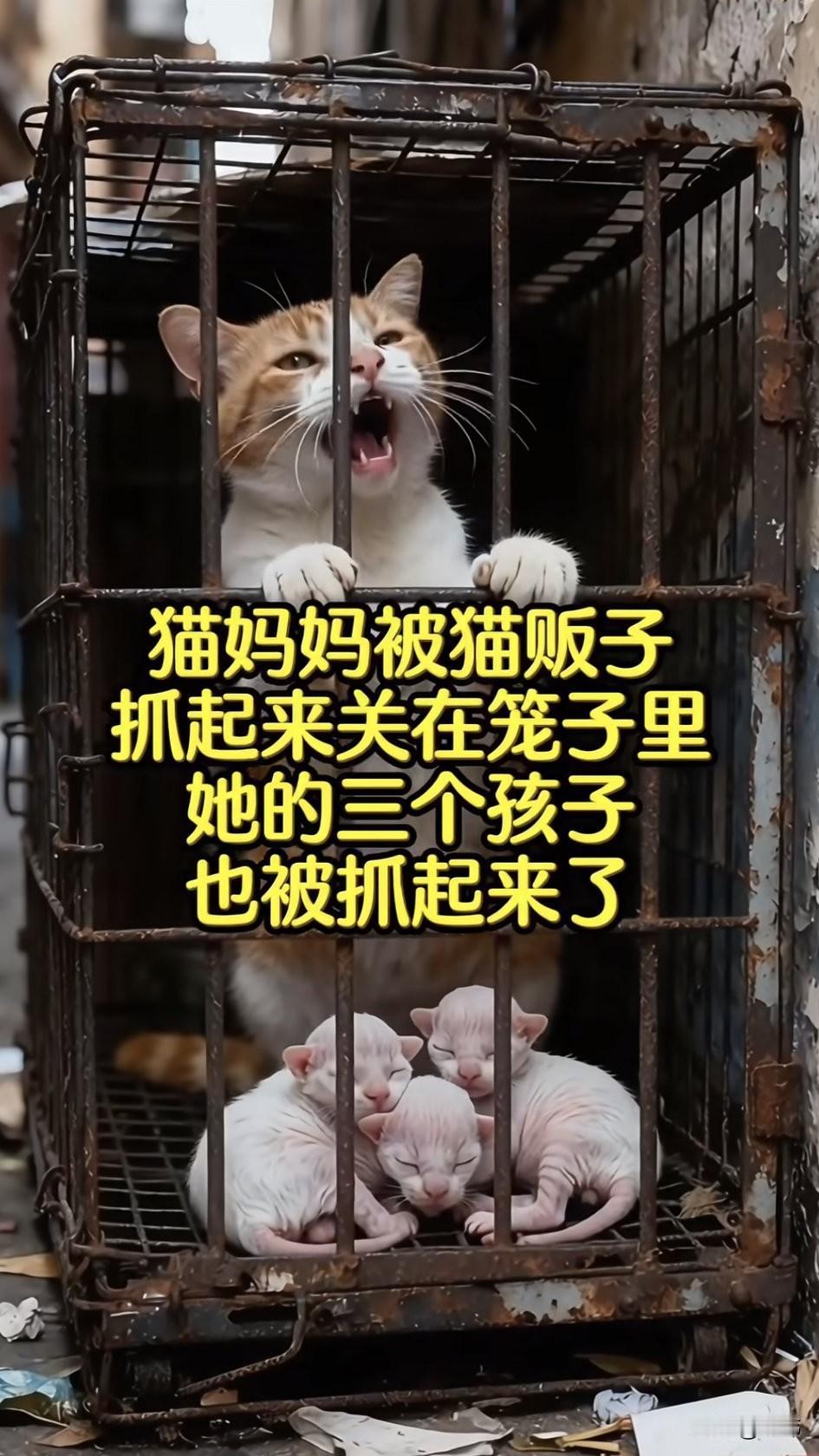 太惨了！一只怀孕的流浪猫妈妈被猫贩子抓住了，把它关在了路边的铁笼里，结果猫妈妈在