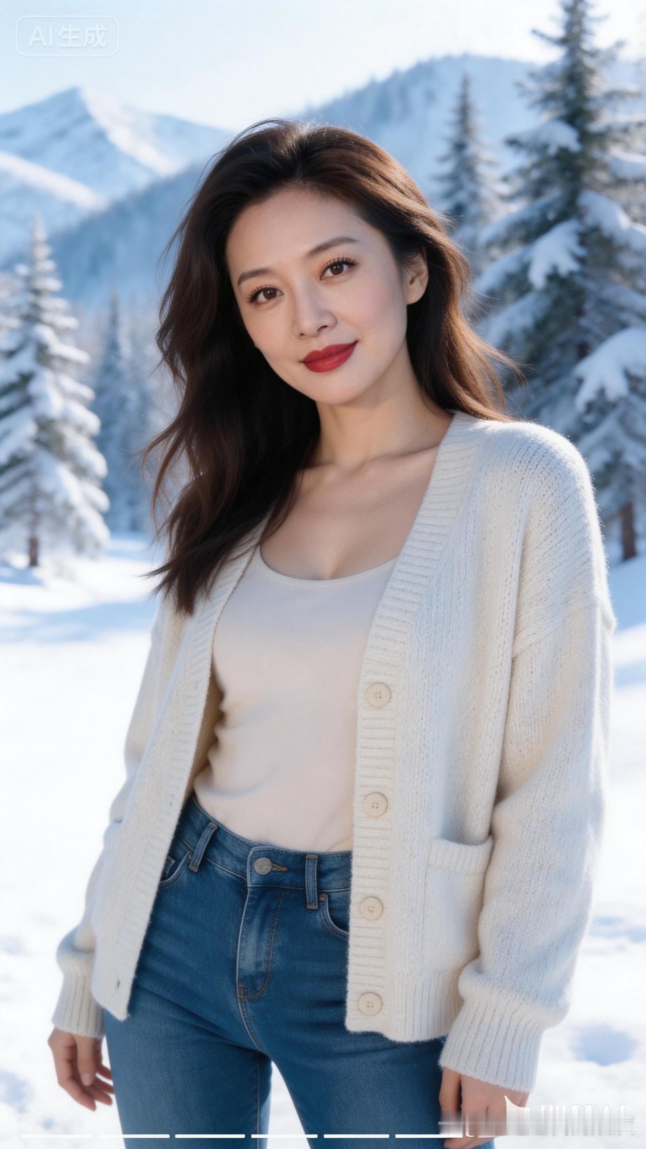 冬日雪景中的温暖穿搭，甜美笑容与自然景色相映成趣。