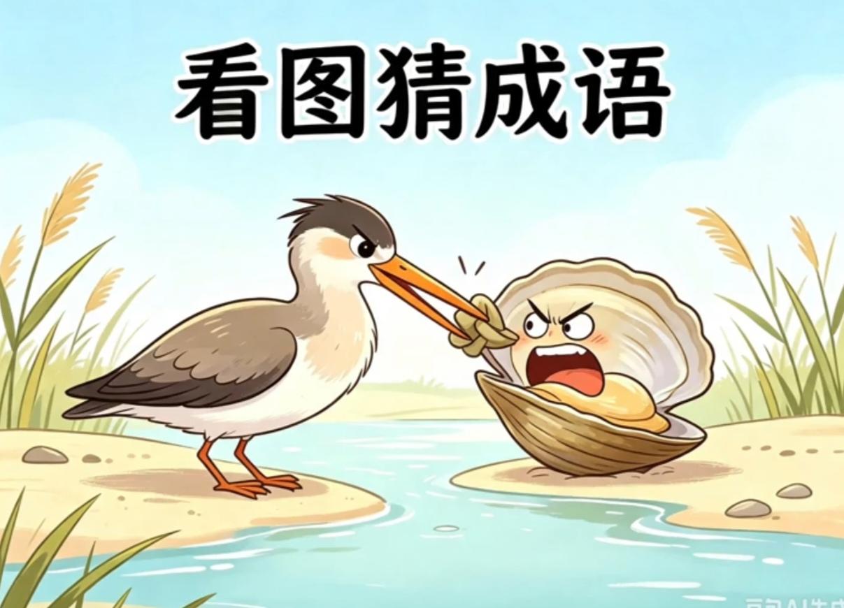 经典故事。鹬霸相争。图中画面太美啦，一看到这情景就想起了一个成语。啥四字成语。你
