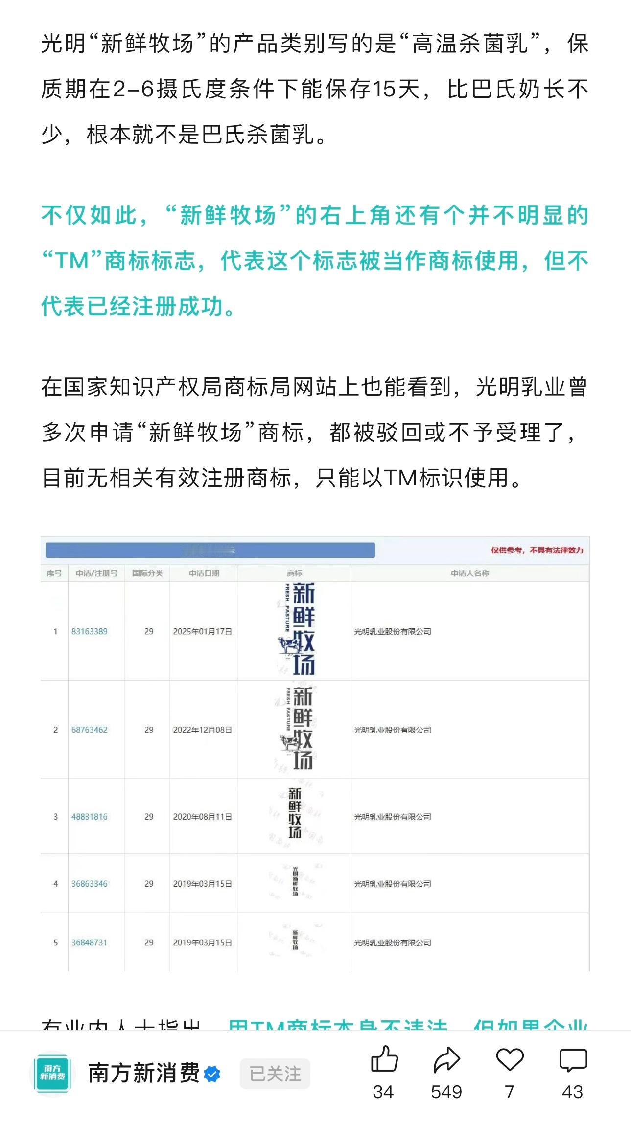 光明乳业也翻车了，“新鲜牧场”是商标