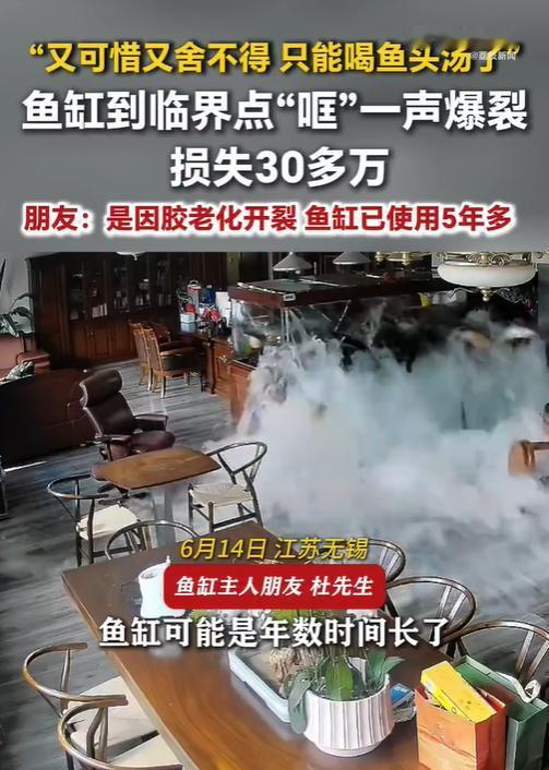 “太惨了！”6月15日报道，江苏无锡，一男子家中养了五年的大鱼缸，因为胶体老化，