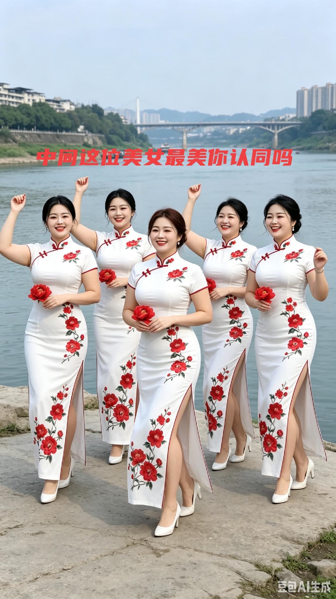 六位年轻的旗袍佳人在江边翩翩起舞，大家瞧瞧中间这位，是不是颜值担当？江边景色清