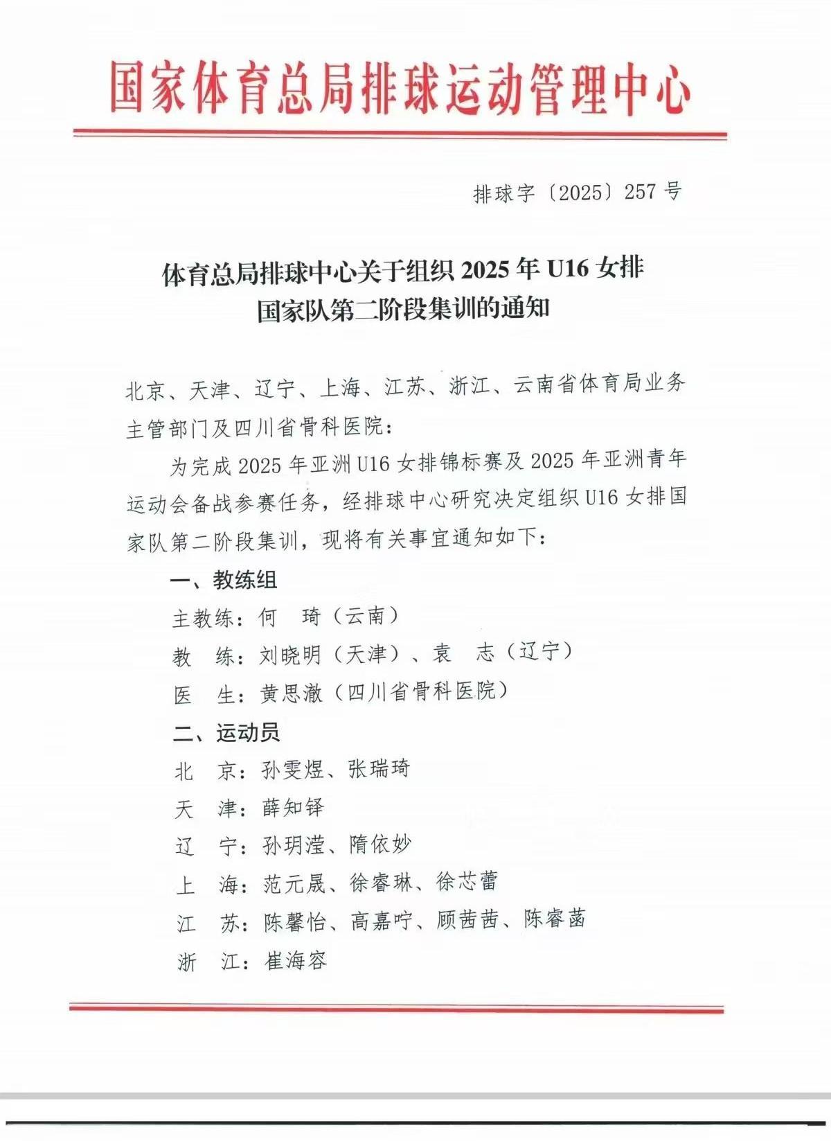 国少女排再次集训：袁志降为助理教练，首期队长宣亚辰无缘15人集训名单，天津女排成