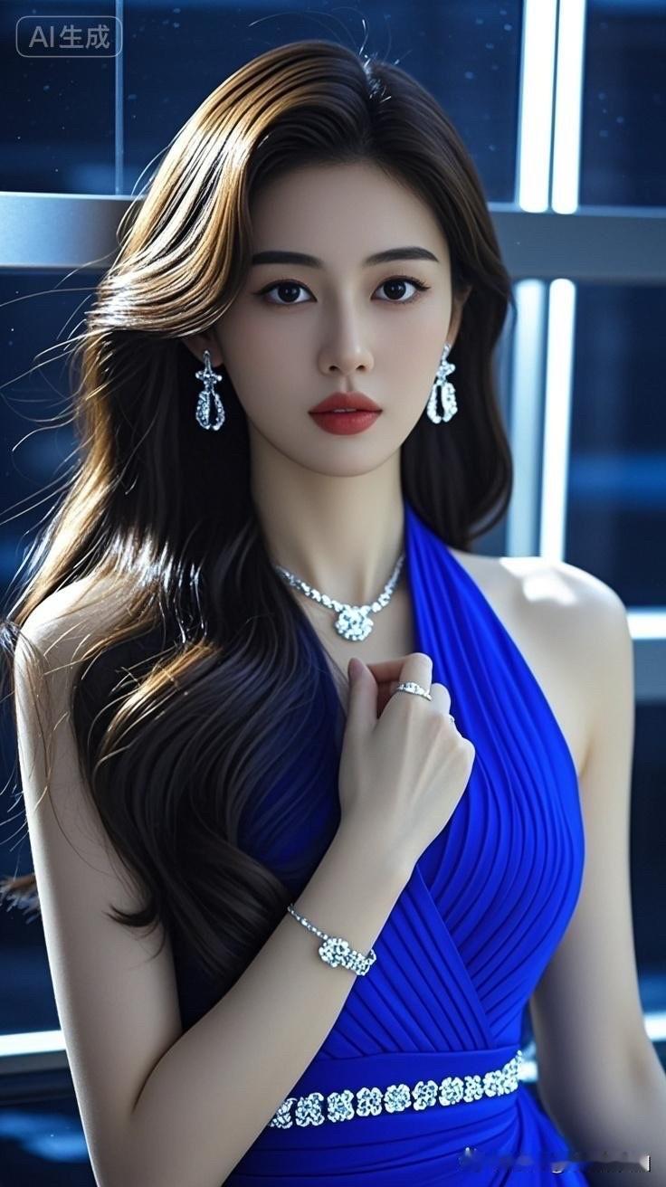 优雅蓝裙，闪耀珠宝，气质女神💎✨