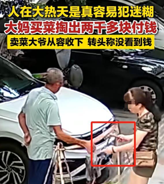 四川一女子买菜付款时，突然犯了迷糊，掏出2000元递给卖菜大爷。不料，大爷拿完一