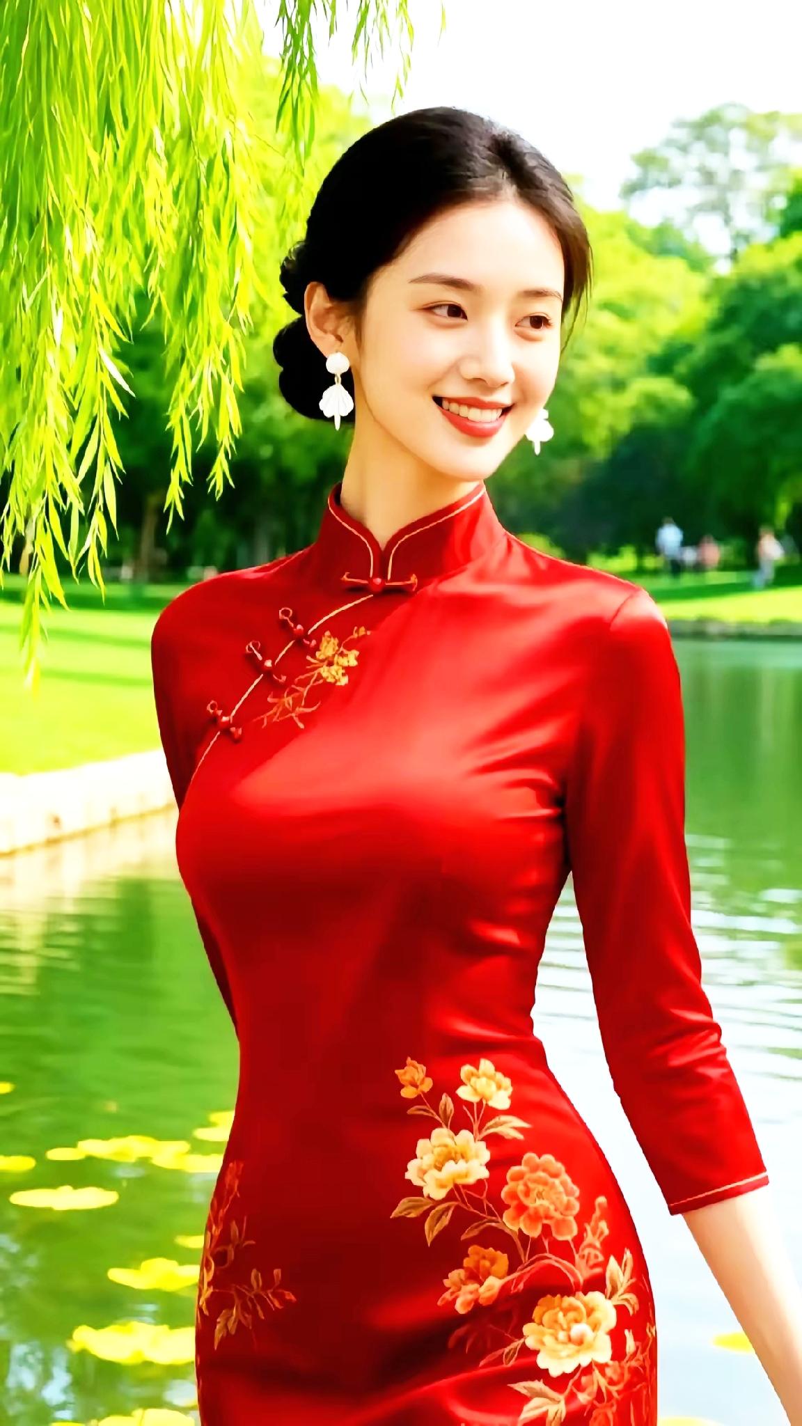 惊艳的红色旗袍，搭配优雅的笑容，宛如画卷中的美人。