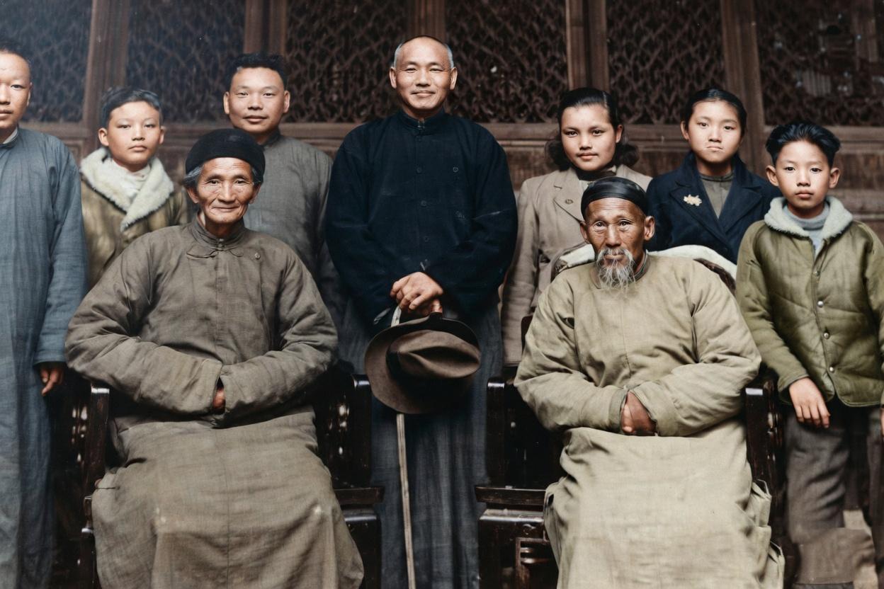 1949年春，蒋介石离开大陆前，在浙江奉化溪口老家与舅父母合影。端坐的两位长者