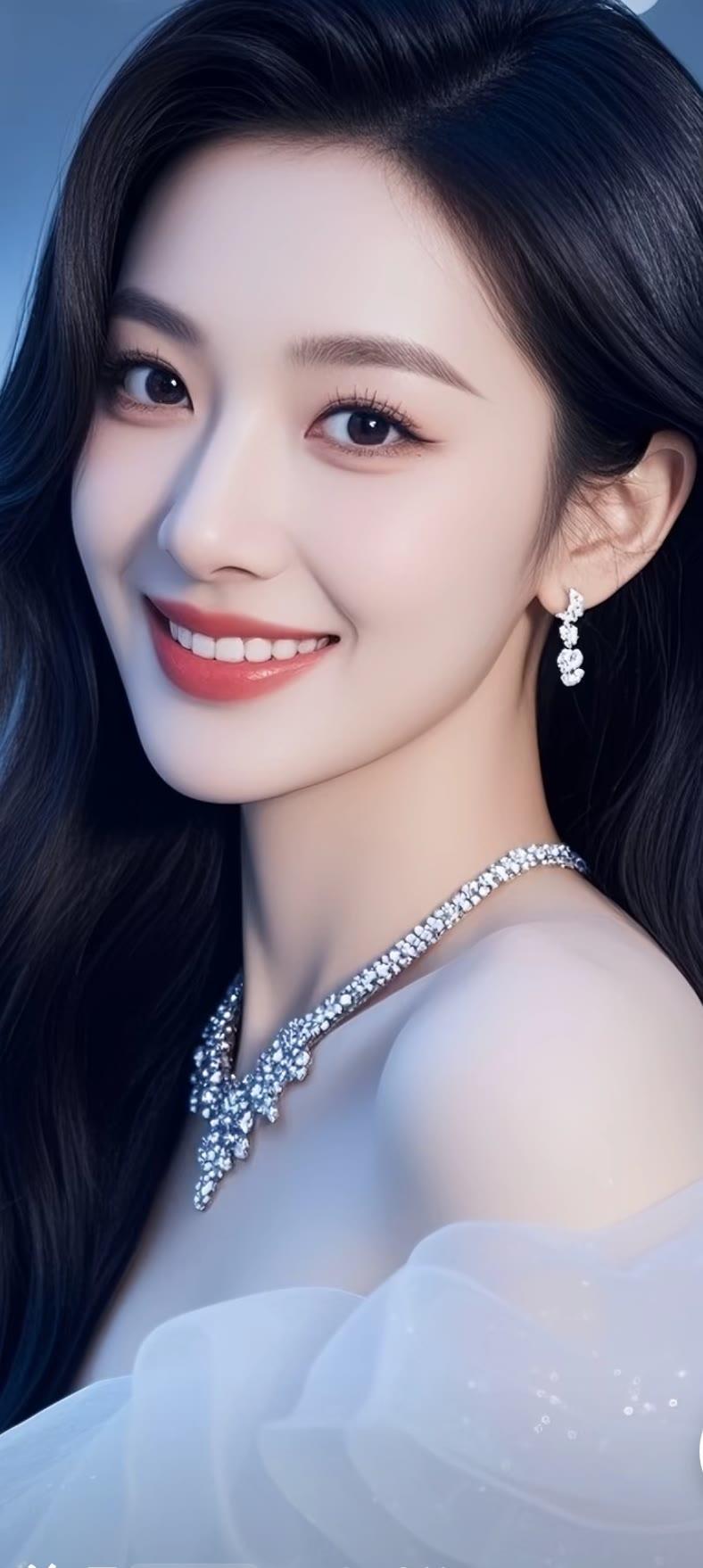 优雅黑发美人，闪耀珠宝项链，甜美笑容，梦幻白纱裙，气质满分！💎🌟✨