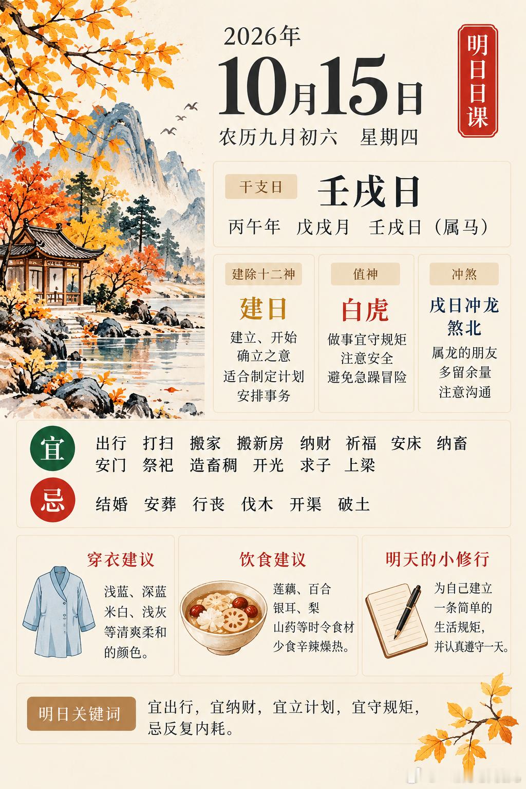 明日日课｜10月15日·壬戌日明日是农历九月初六，丙午年、戊戌月、壬戌日。壬水为
