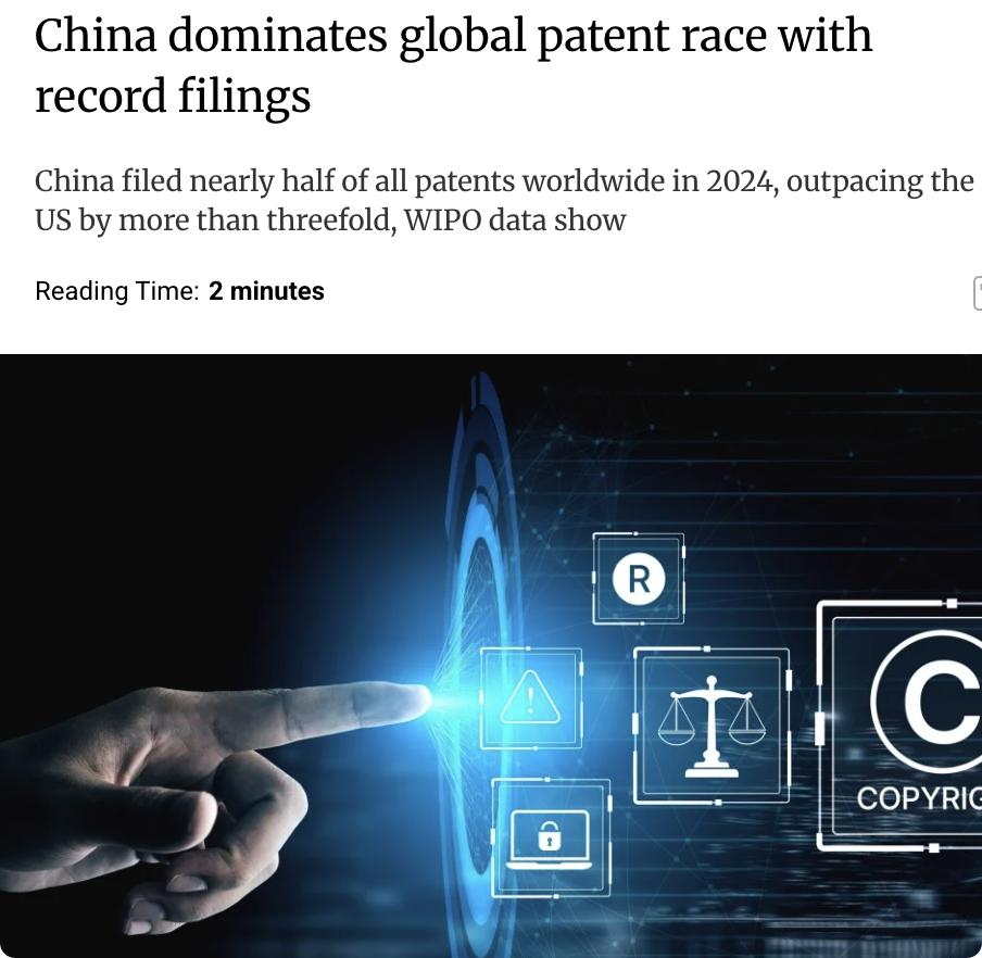 外媒：根据世界知识产权组织（WIPO）的数据，2024年中国提交了180万件专利