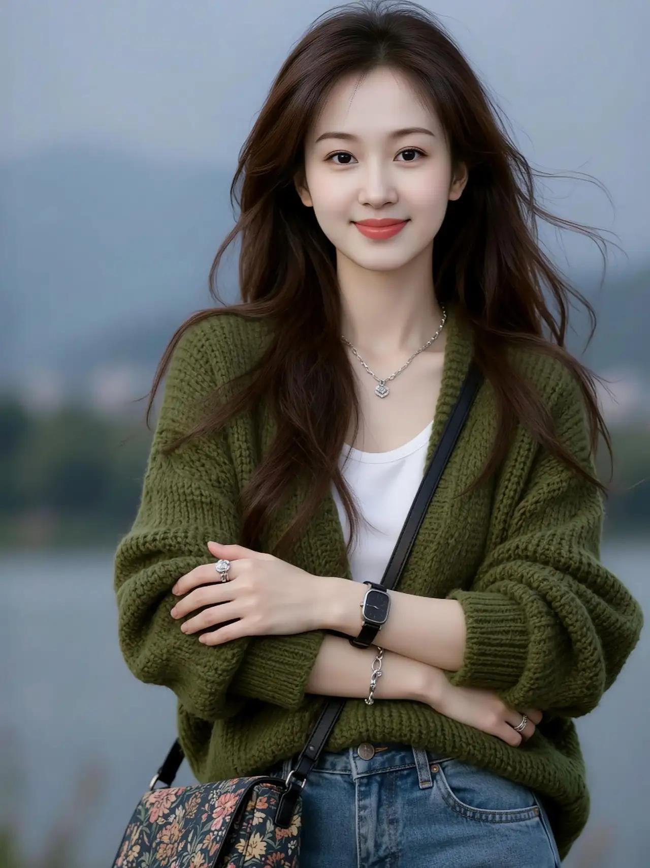 温柔微笑，绿意盎然，自然与时尚的完美融合。🌿💚👗