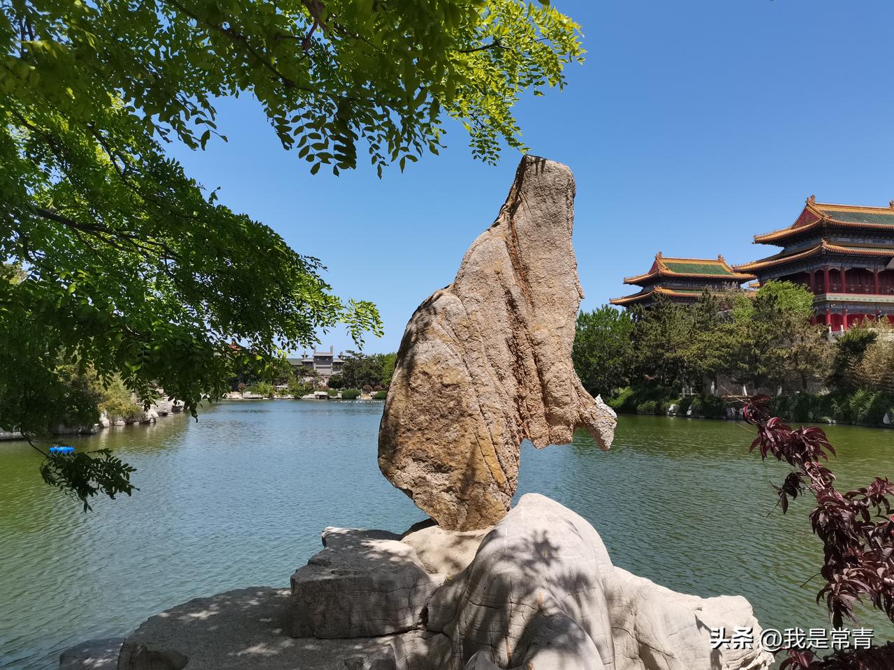 晒图笔记大赛烟台蓬莱仙境一景：一池碧水映晴空，怪石临水而立，檐角飞翘的古建隐于翠