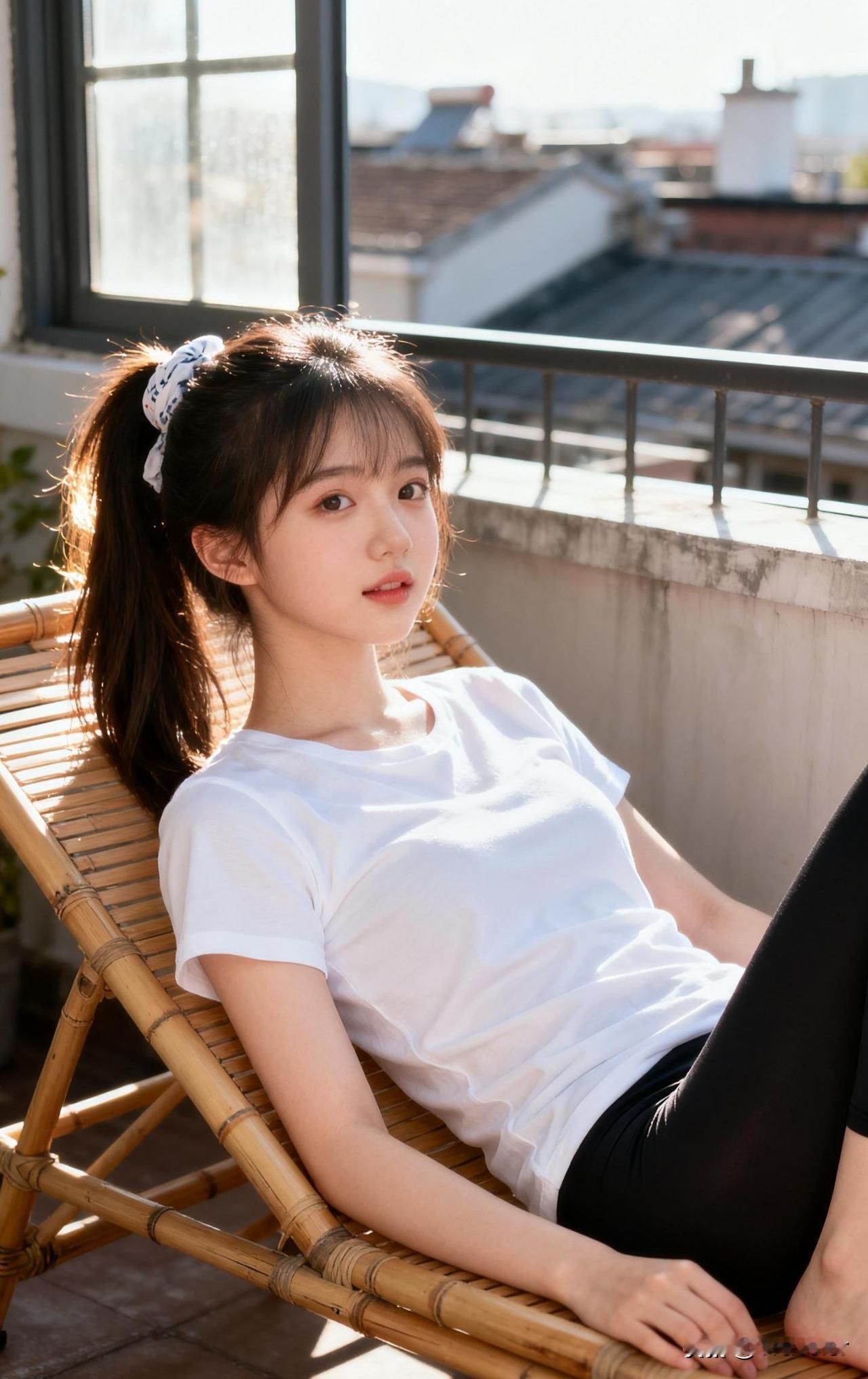 阳光明媚，少女悠闲地躺着。