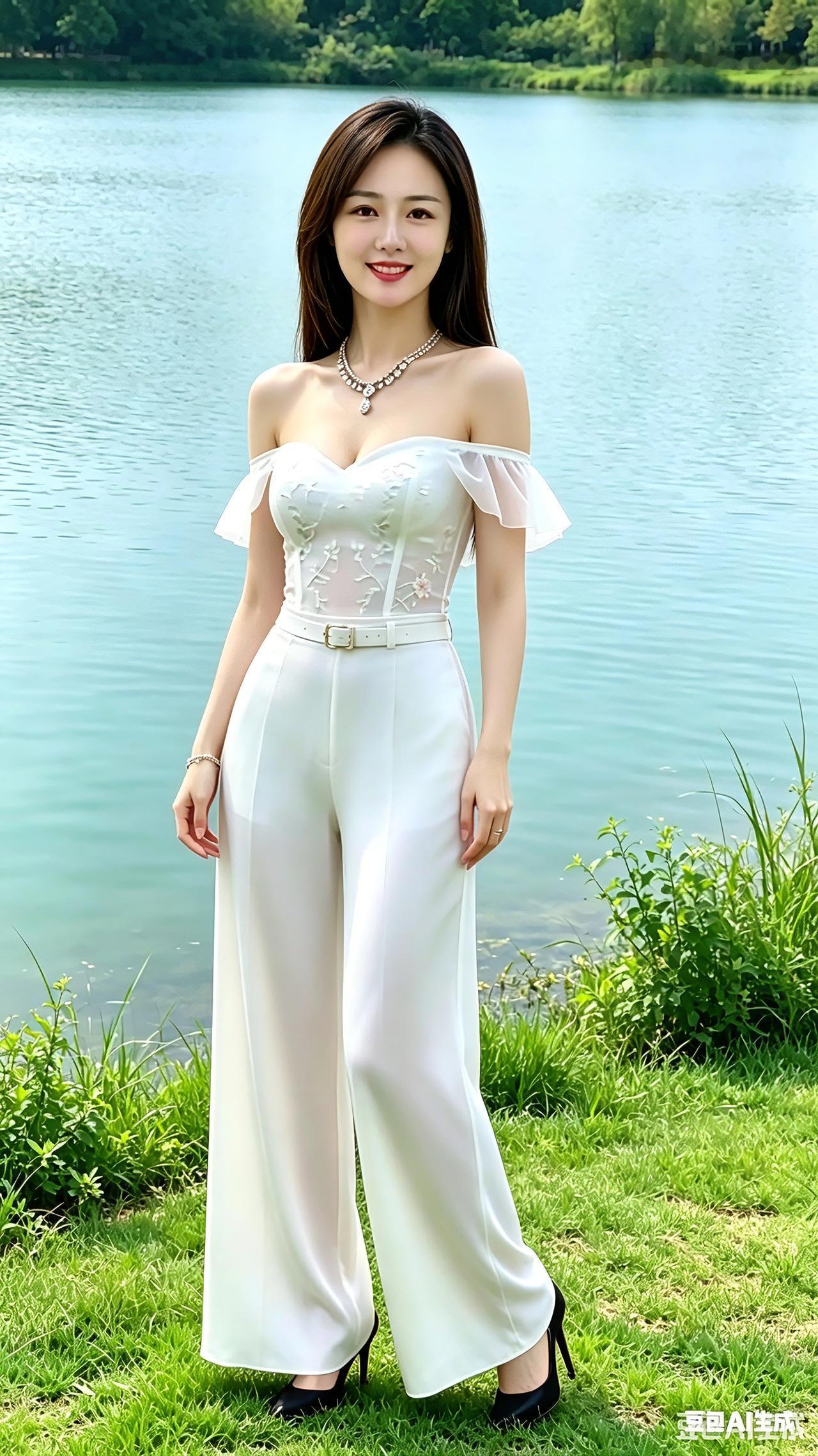 湖畔白衣俏佳人，气质温婉笑意盈盈一汪湖水碧悠悠，佳人静立草地头。白衣绣花纹
