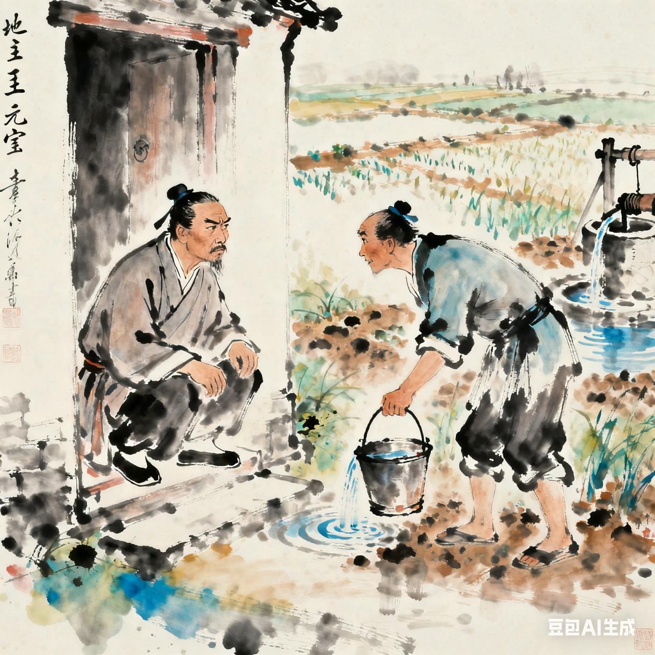 古代笑话地主王元宝蹲在门槛上，盯着长工李四浇地，忽然拍大腿：“李四！你这水浇