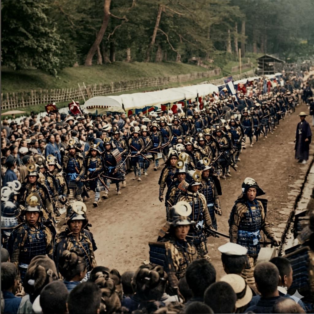 明治维新时期的日本，一条长街之上，武士队列连绵无尽、向远方绵延不绝。全员身着完整