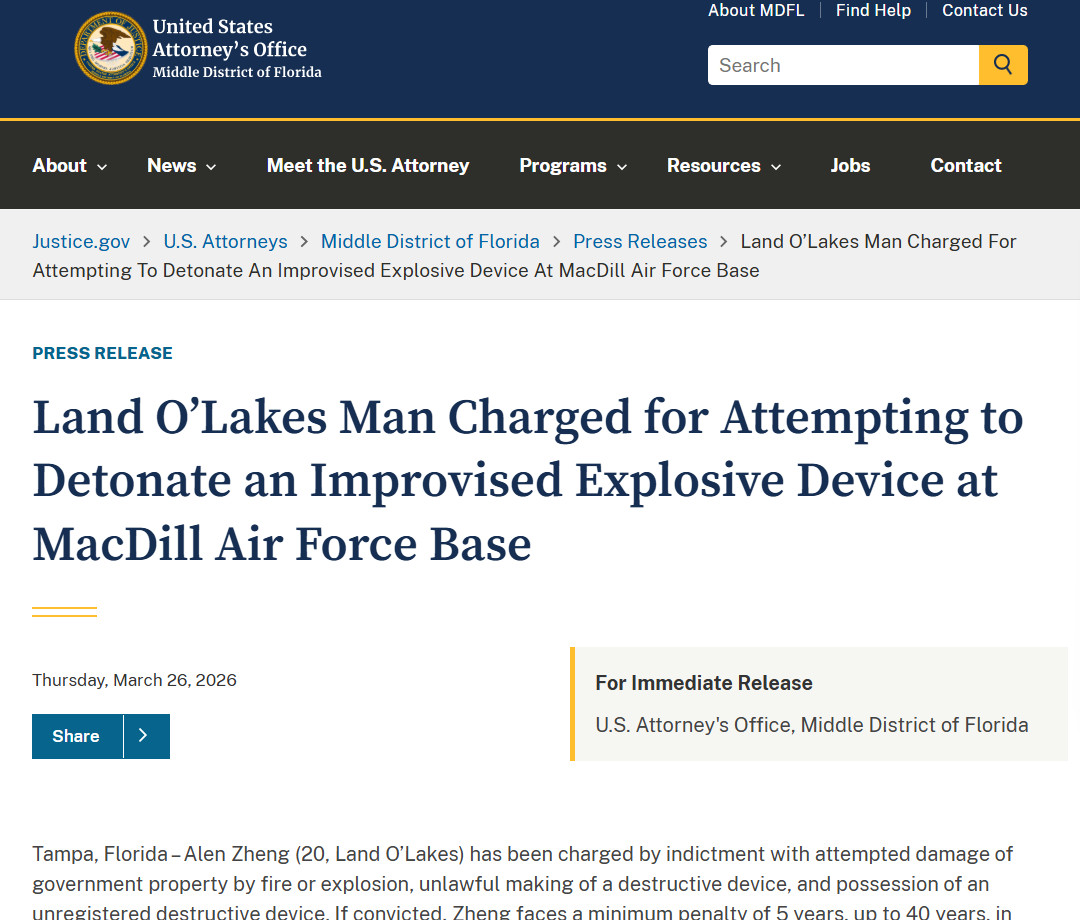 美国司法部佛罗里达州中区联邦检察官办公室通报，佛州LandO’Lakes的