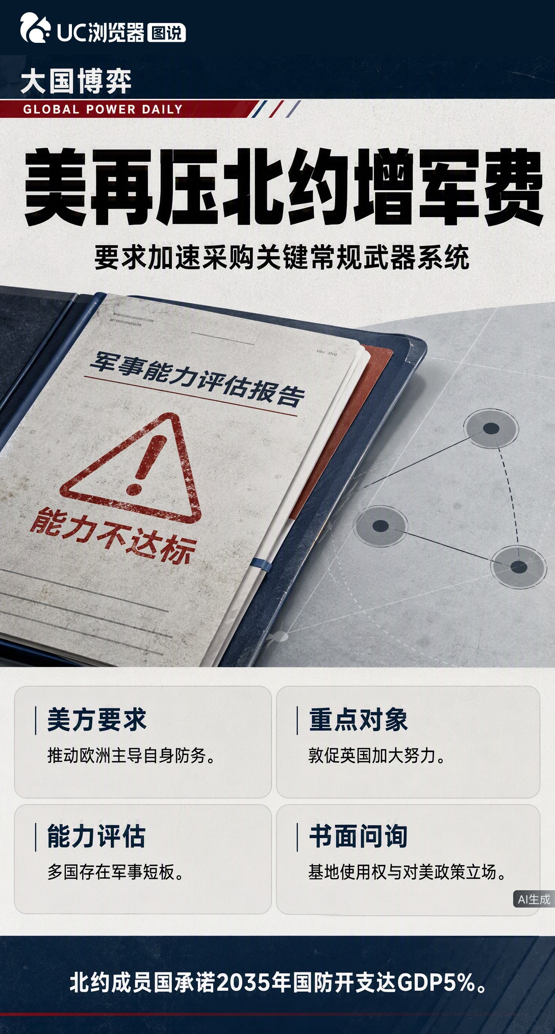 美国又催北约加军费，还发书面问卷查基地使用权、买没买美械、挺不挺特朗普。评估报告大片飘红，五角大楼1