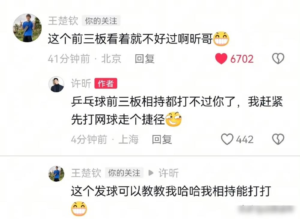 王楚钦最近简直住在网上了，他提着大砍刀冲进许昕评论区的样子，像极了那个5G冲浪的