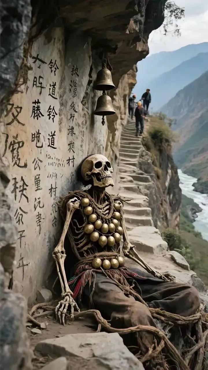 云南怒江绝壁里挖出百年枯骨！身缠老藤挂99个铜铃，岩壁上的字看完让人泪目——
