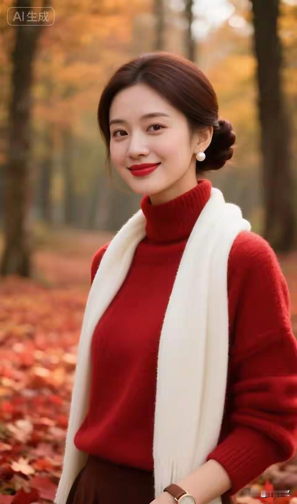 东方美女，红色高领针织毛衣，优雅气质艳若桃花，美丽大方楚楚动人，温柔贤淑