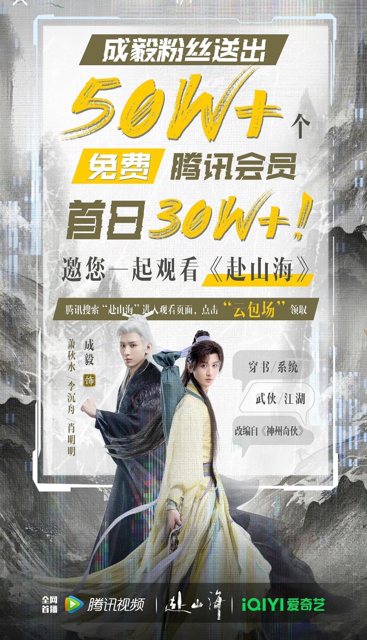 成毅《赴山海》9.11播出，奇异果准备了50w云包场全给🐧冲3w热度，🥝一个