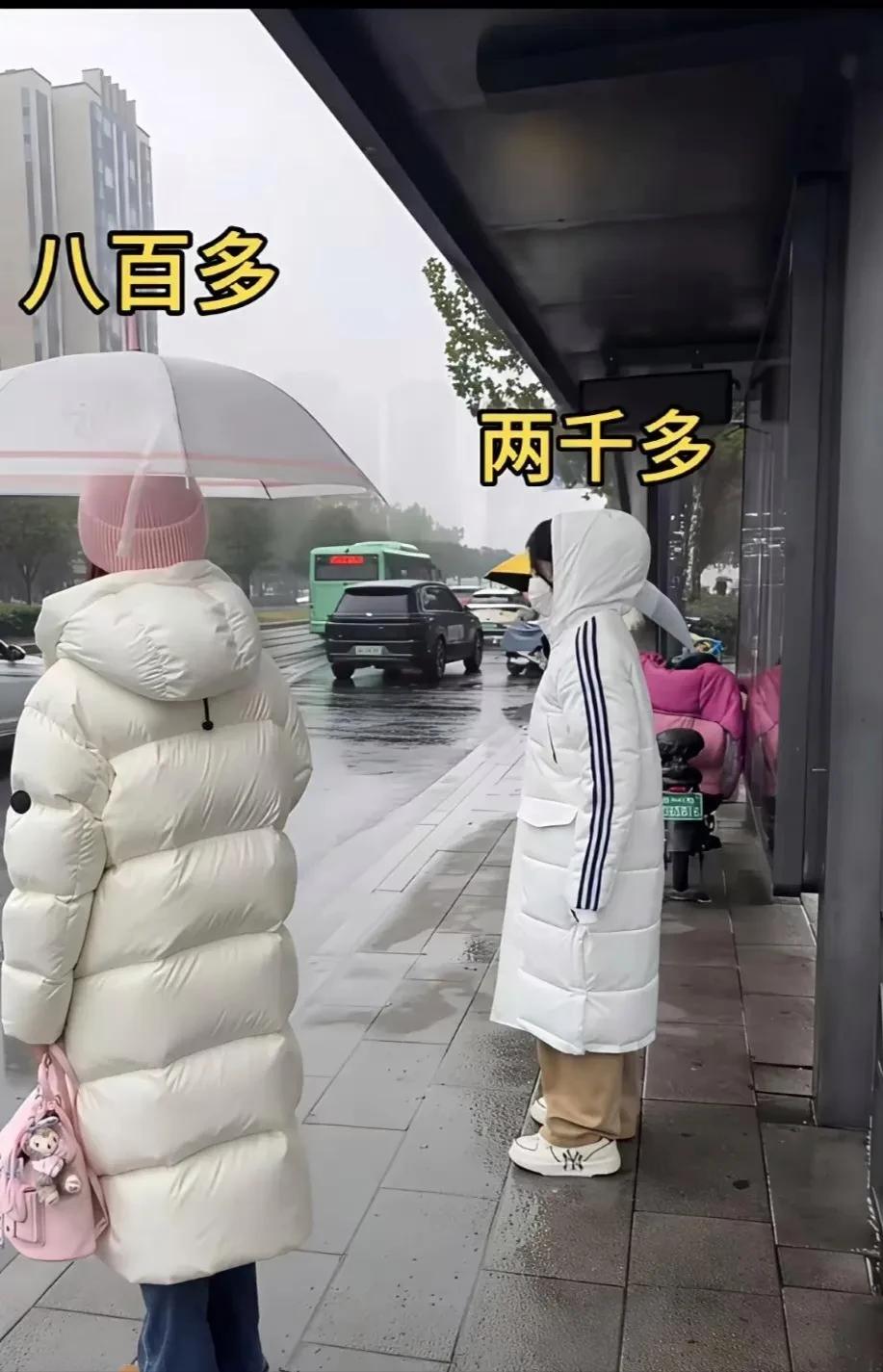 两千多的和八百多的羽绒服，不都在等公交吗？怎么看，都是那件八百的更蓬松厚实。