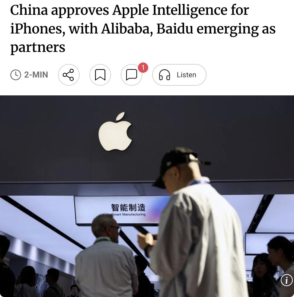 外媒：中国已批准苹果在中国推出AppleIntelligence，这是苹果期