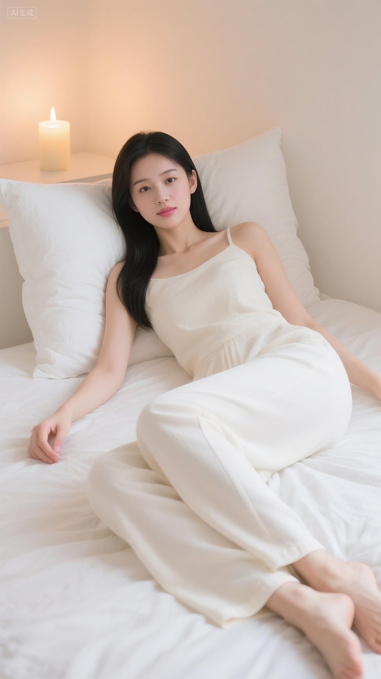 温柔白裙少女，静卧在温暖灯光下的床边，散发着宁静与优雅的气息。