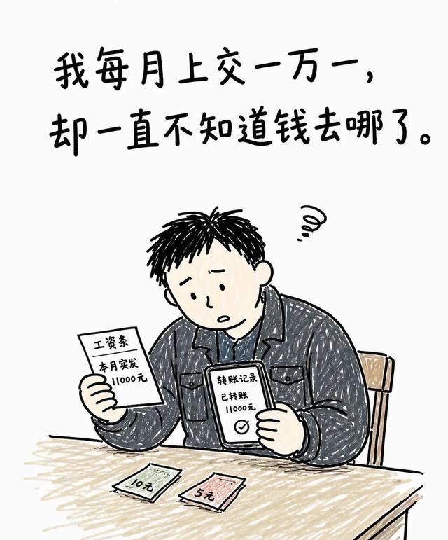 每月工资上交老婆后就像消失了一样，根本不知道钱花哪儿去了。有次娃发烧找药，意外翻