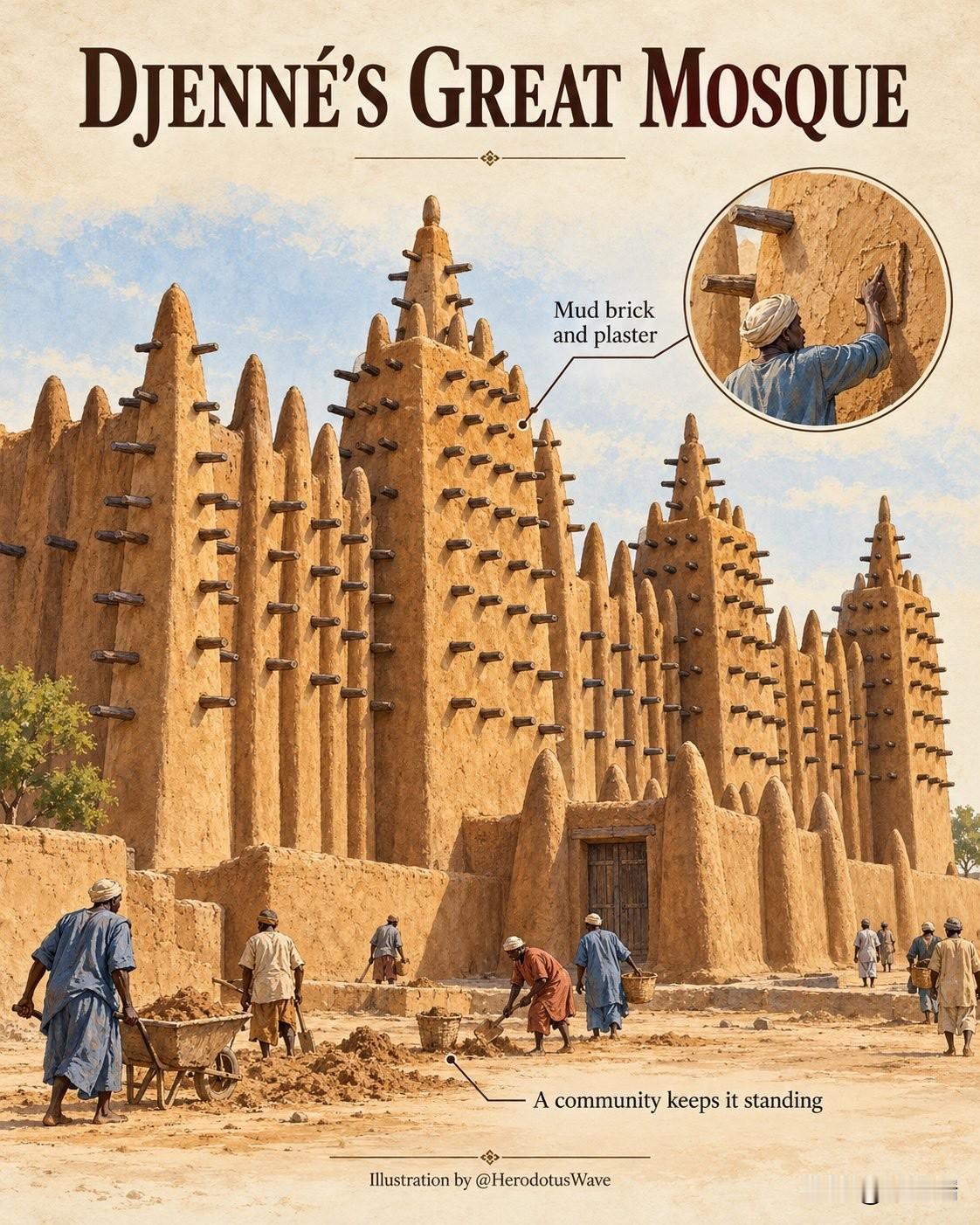 这幅插画生动地描绘了位于西非国家马里的杰内大清真寺（GreatMosqueo