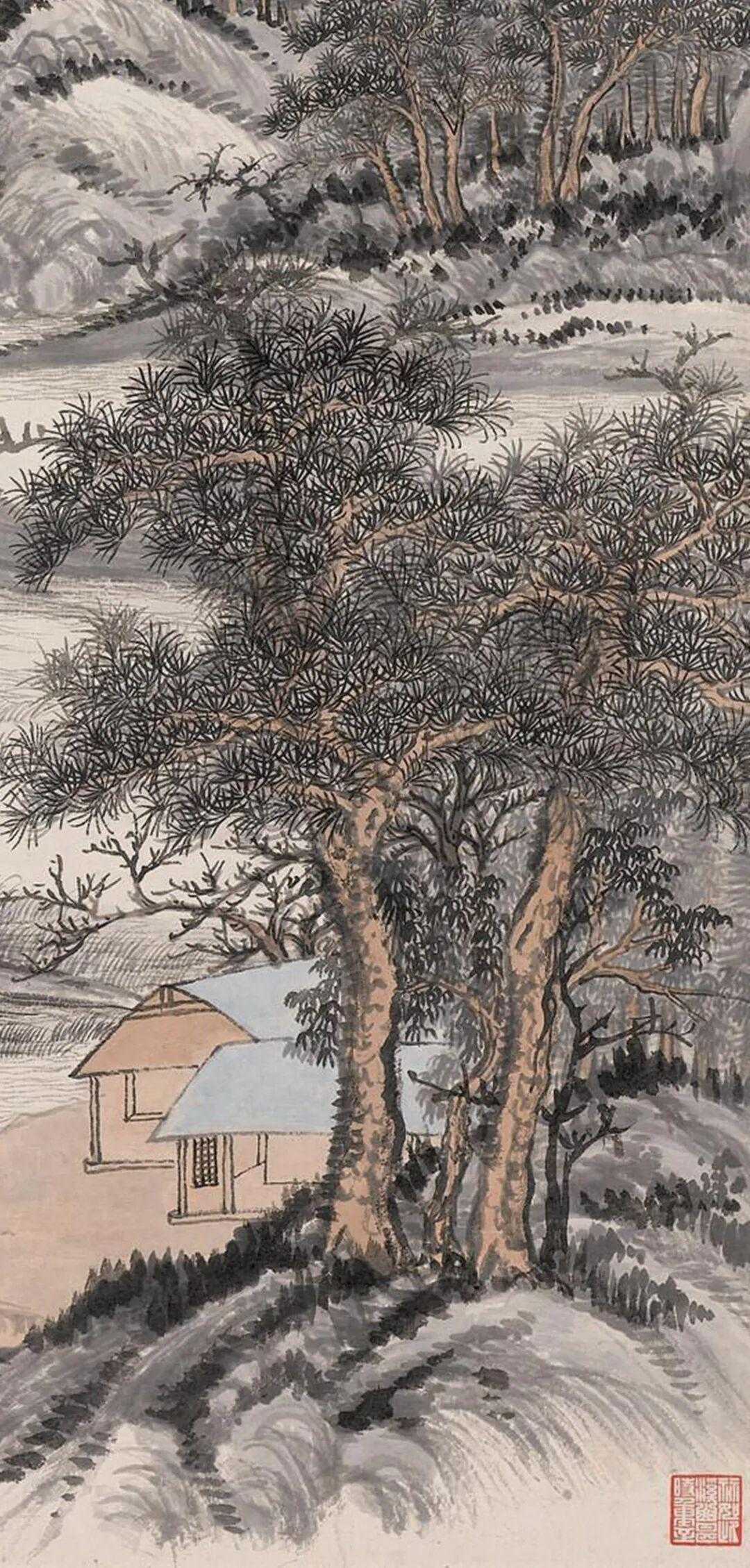 吴湖帆《南岳松云图》，纸本设色117×54.6cm。钤印：吴湖帆、吴湖帆印、倩