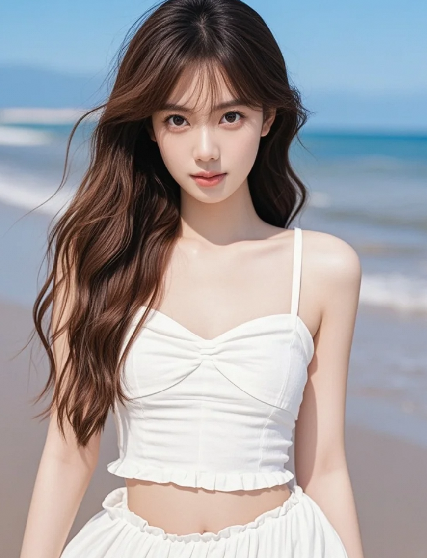 沙滩、海浪与她，构成了一幅令人向往的夏日画卷
