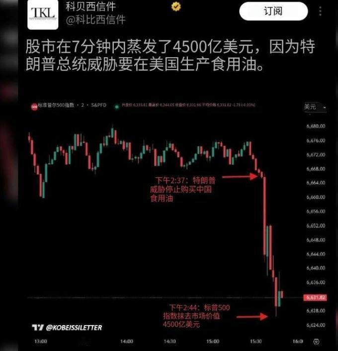 特朗普发表声明后，美国股市在短短7分钟内蒸发4500亿美元。特朗普发文写道：