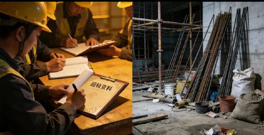 央企工地上这几天真是开了眼了。平时钢筋绑得稀碎没人管，一听上面要来检查，全员