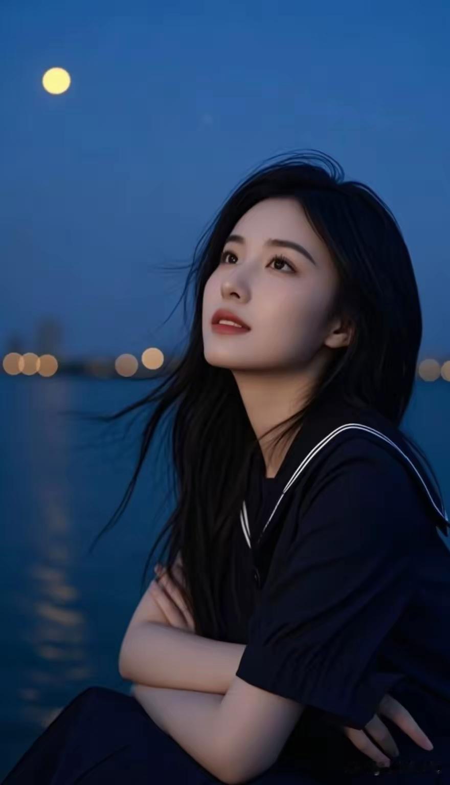 夜晚坐在湖边，看着月亮发呆。