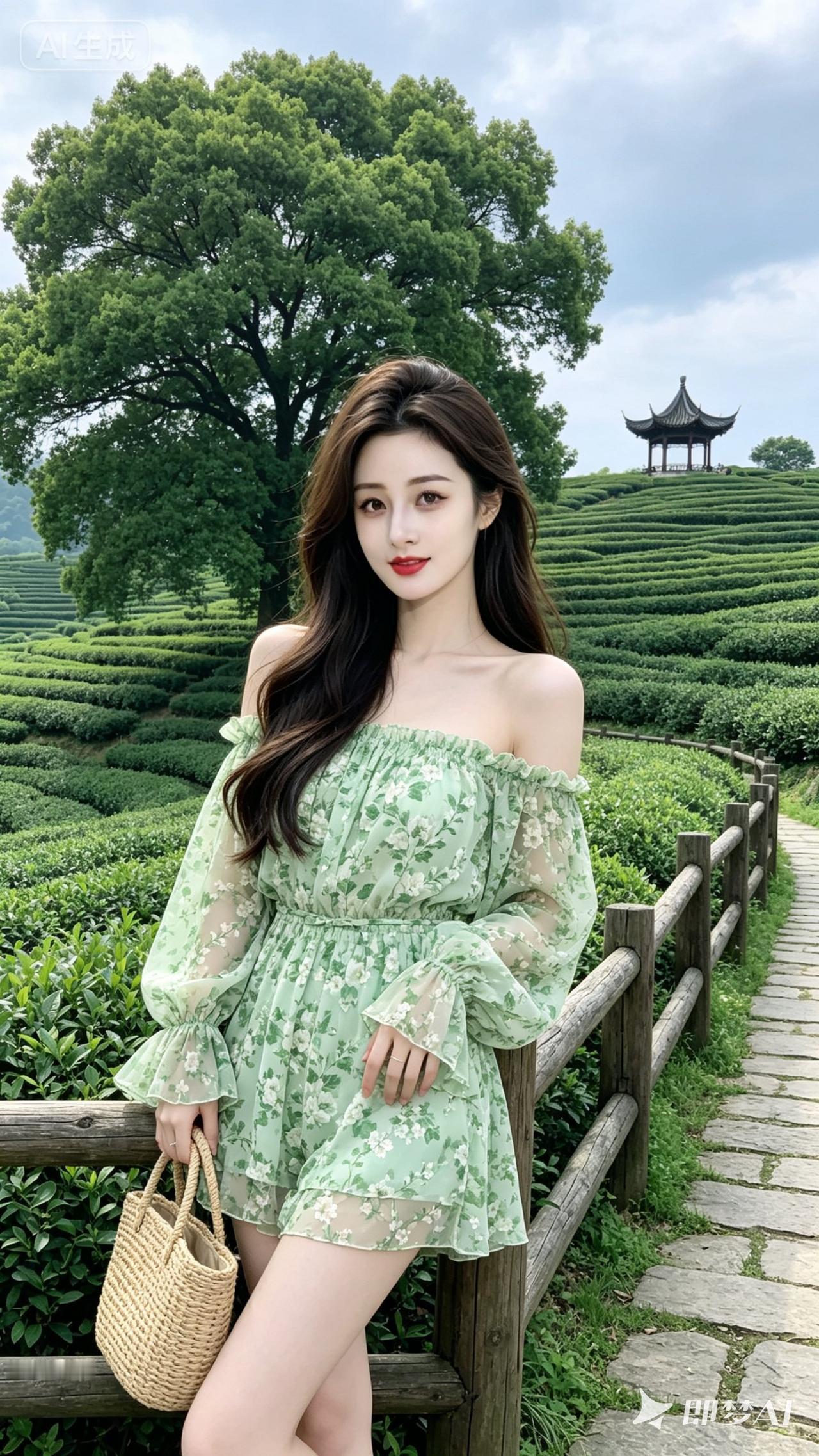 茶园中的少女，绿意盎然，清新自然。