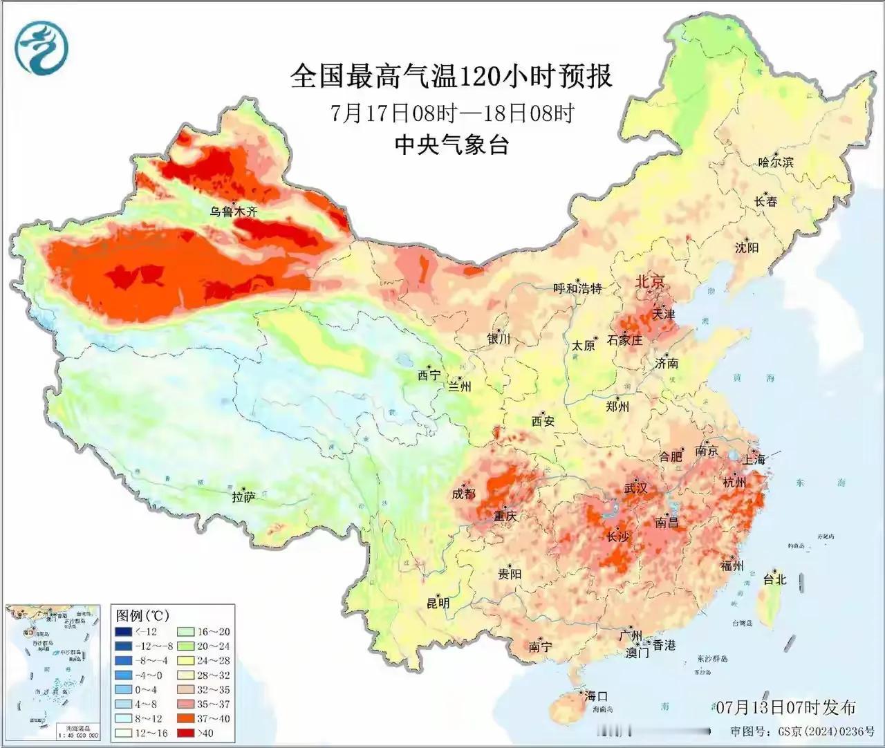 原来新疆地区的夏天才是真的热，干热，大部分地区都热，从这个图片中可以看出东北与云