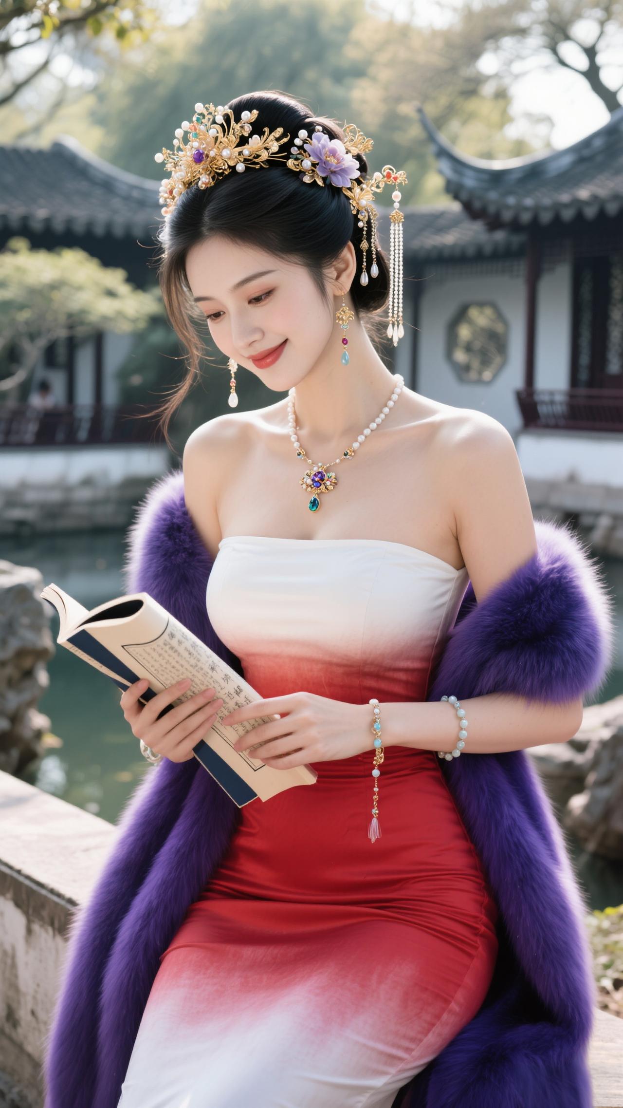 鹧鸪天·园亭阅卷罗袂生香倚水亭，红绡轻覆玉光盈。金簪暗缀玲珑韵，紫氅明承雅