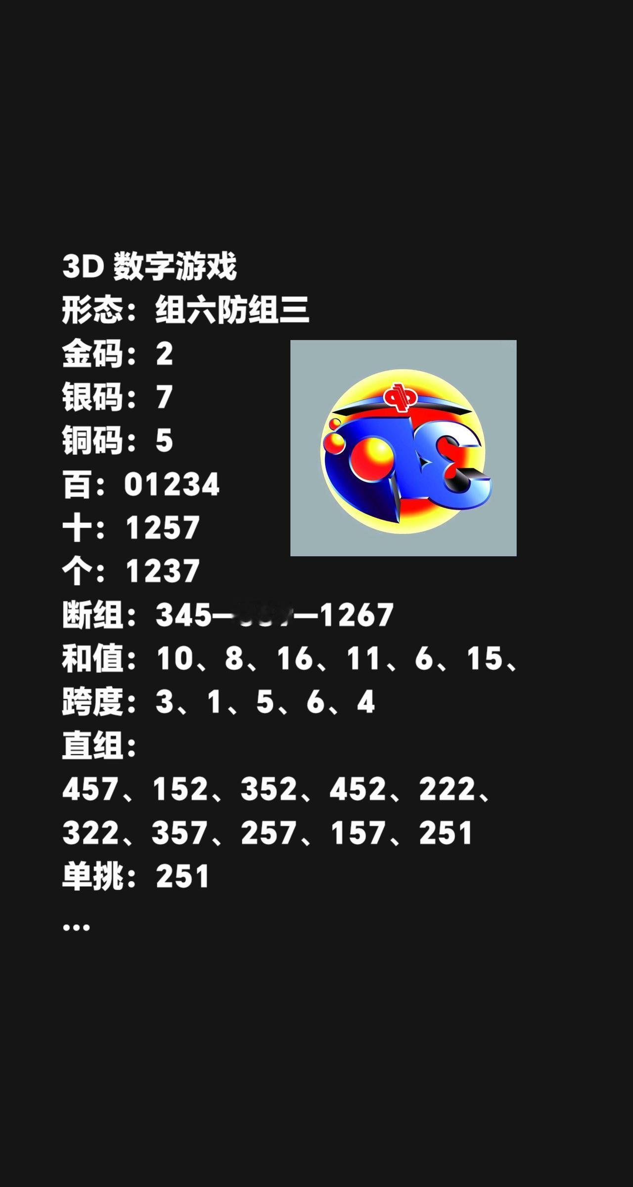 3D数字游戏形态：组六防组三金码：2银码：7铜码：5百：01234