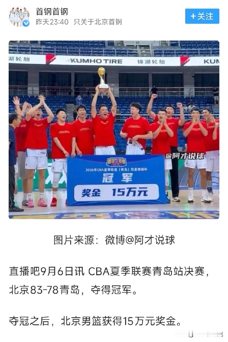 15W奖金也不错了，北京首钢拿下夏联青岛站冠军！夏季联赛青岛站就此落下帷幕，最终北京首钢获得冠军，最