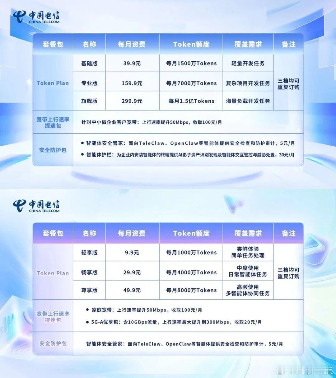 【三大运营商推出Token套餐】近日，中国电信推出系列试商用Token套