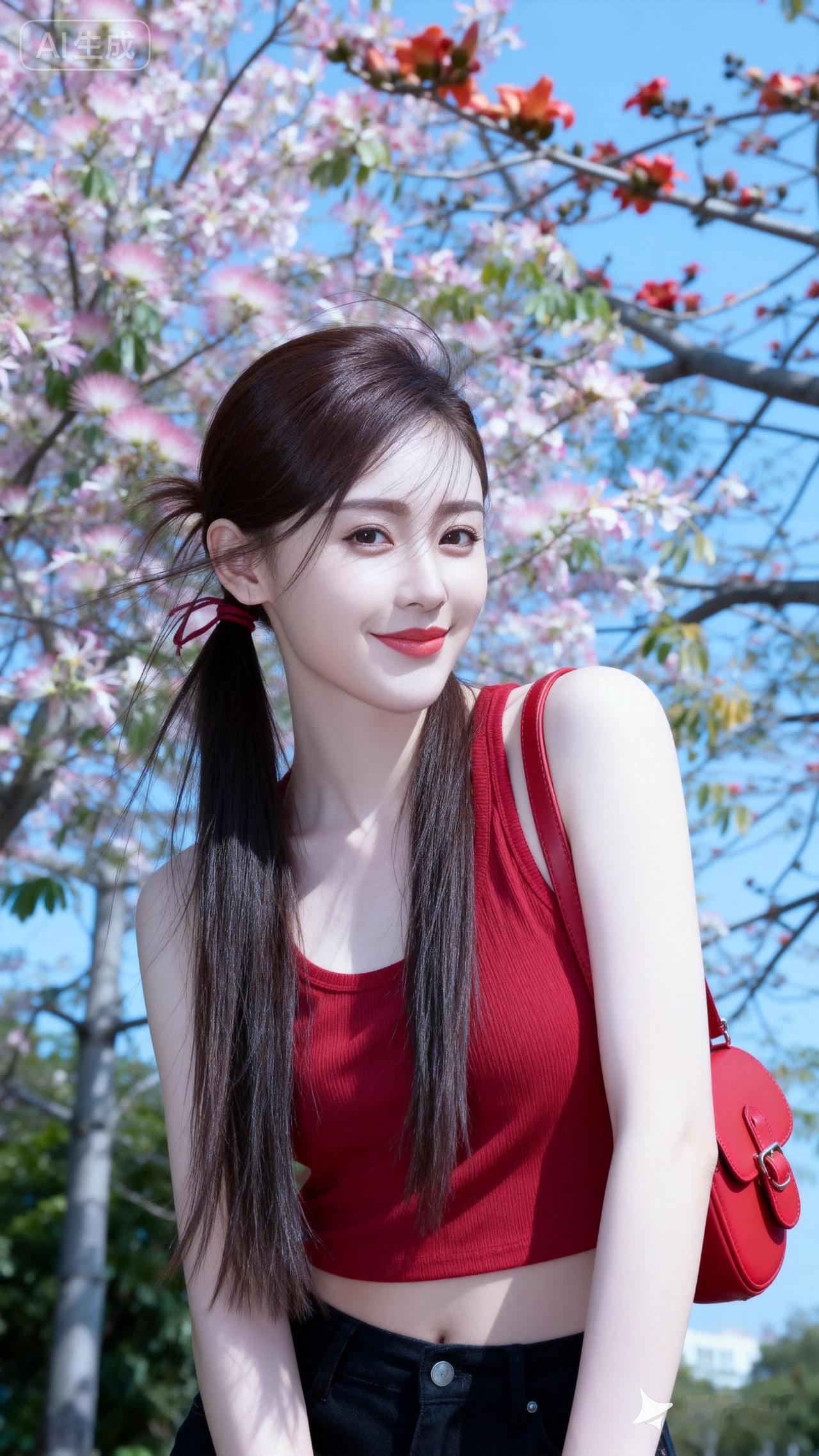 春日少女，粉花映笑颜，红裙飘逸间🌸💃