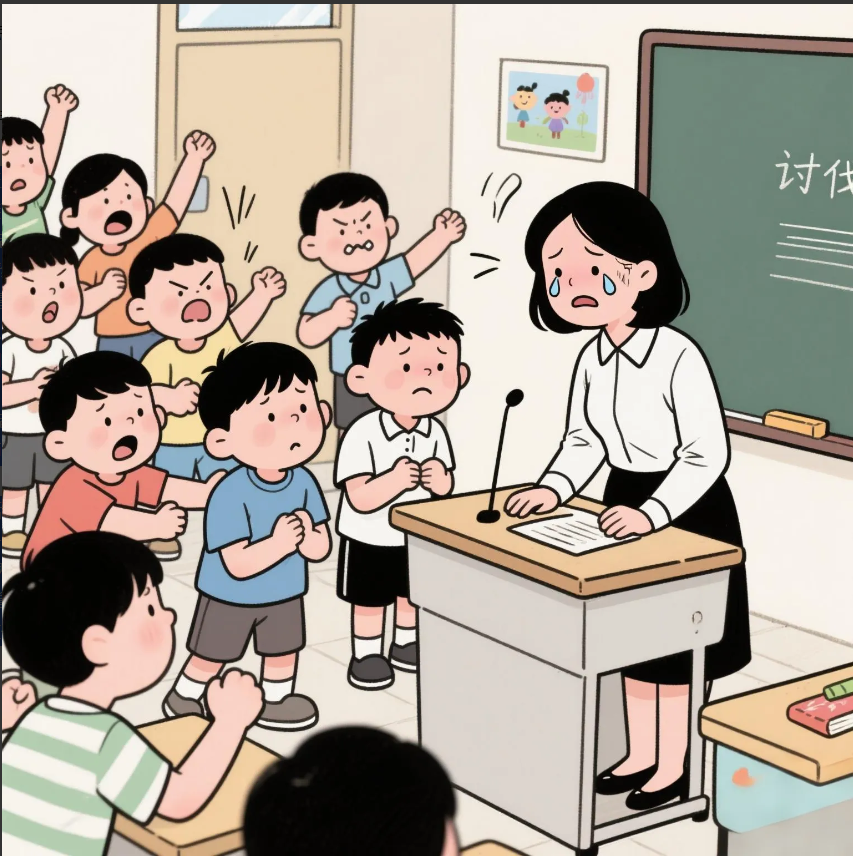 我儿子的班主任，是师范刚毕业没两年的年轻女孩，被班里两个调皮捣蛋的男孩子给气哭了